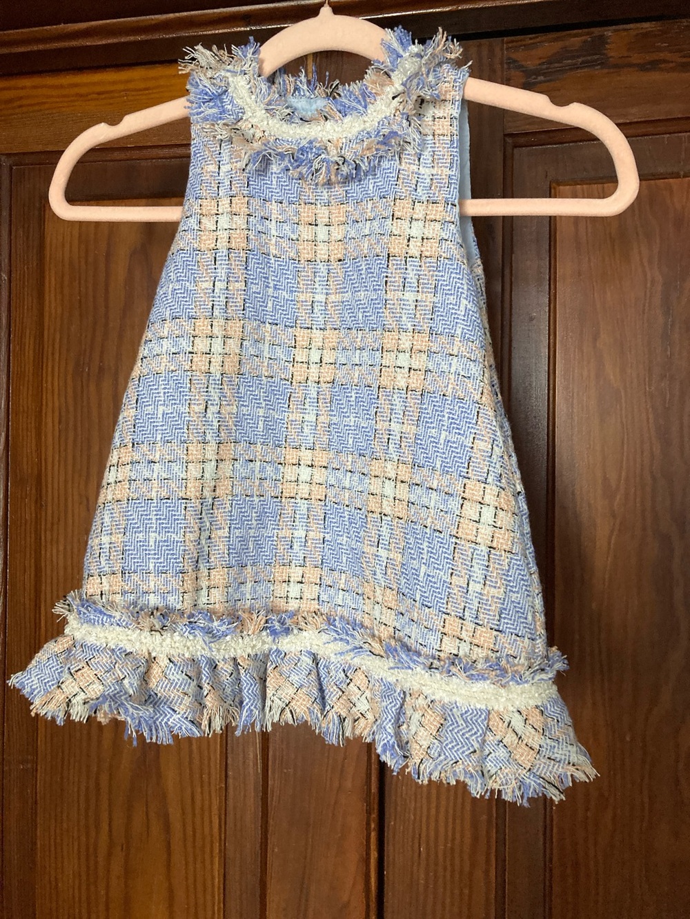 Blueberi Boulevard Light Blue and Pink Plaid Tweed Sleeveless Dress with Fringe